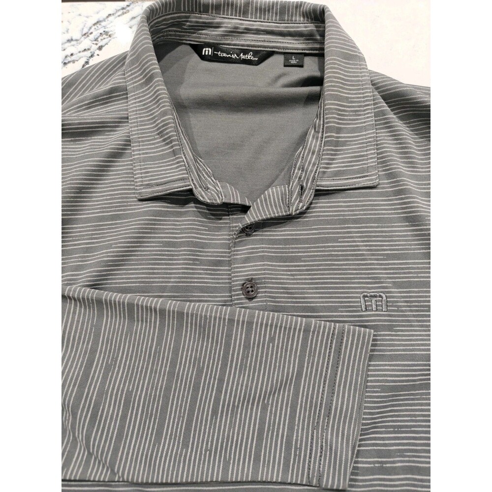 TravisMathew Mens Lrg Long Sleeve Polo Shirt Gray Micro Stripe Pima Cotton Blend